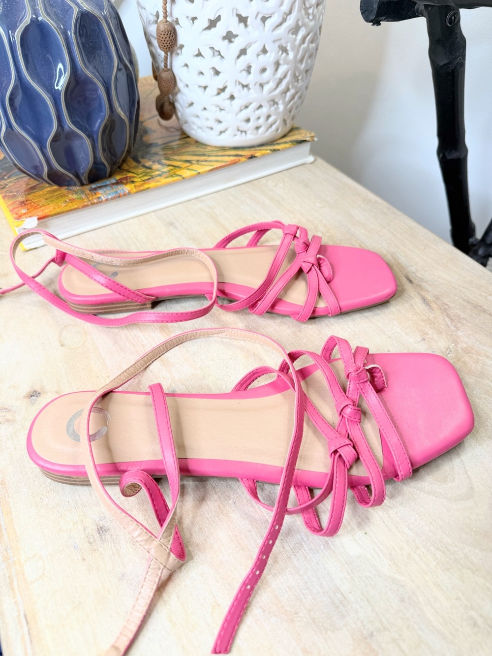 Journee Collection Hot Pink Lace Up Strappy Flat Sandals Square Toe Size 11 - Picture 2 of 7